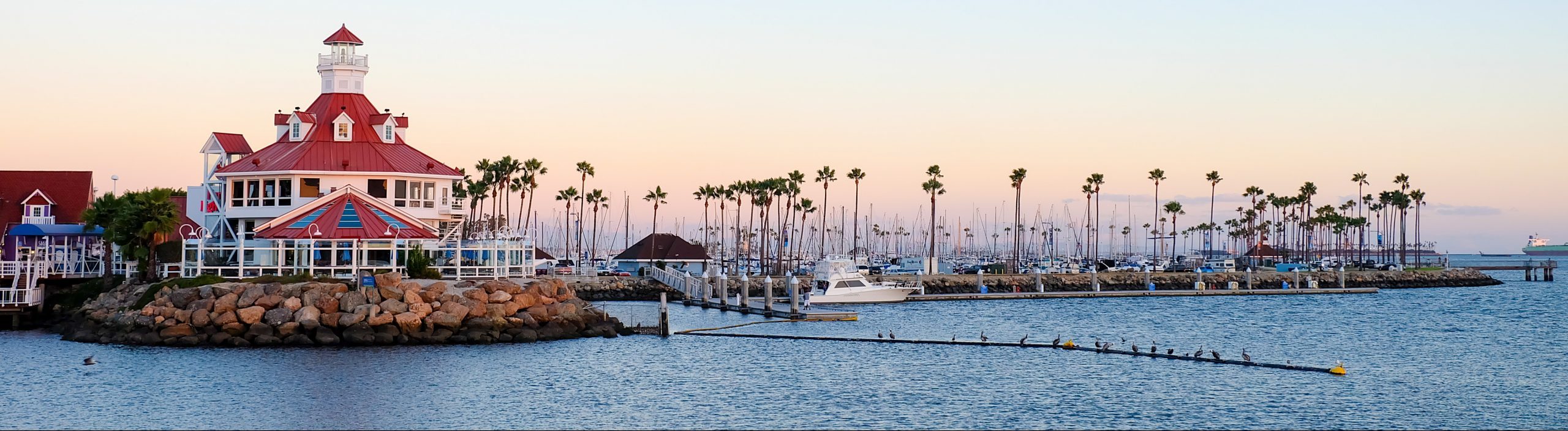 Shoreline Village at Long Beach , CA  in sunset time panorama view